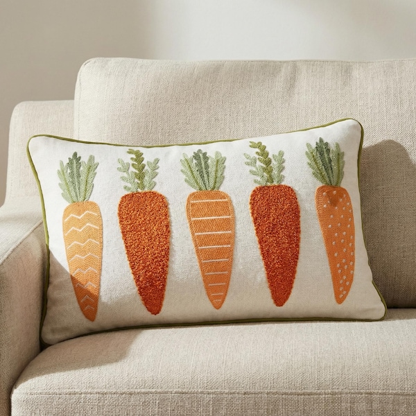 Embroidered Carrots Lumbar Pillow Cover: Spring Home Decor | 14"x20"
