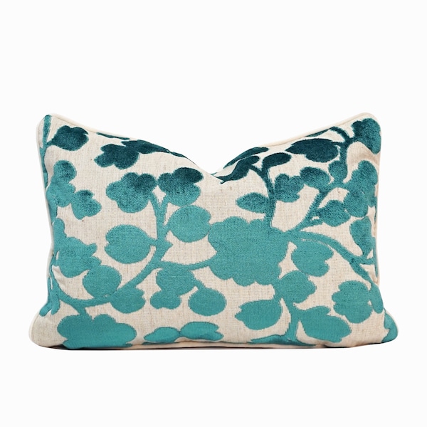 Floral Turquoise Cut Velvet, Lumbar Throw Pillow, Designer, Contemporary, Luxurious Linen Fabric, Home Accent 12"x20" - Pillow Cover Only