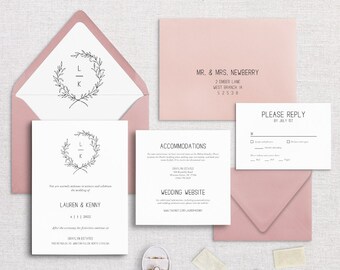 LAUREN - Classy Black & White Outline Semi-Custom Wedding Invitation Suite | Stationery | Elegant | Wreath | Sketch | Simple | Minimalist