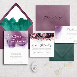 VICTORIA - Plum Watercolor Semi-Custom Wedding Invitation Suite | Stationery | Purple | Floral | Burgundy | Paint