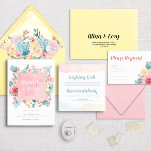 ALINA - Spring Floral Semi-Custom Wedding Invitation Suite | Stationery | Watercolor | Pastel | Easter | Pink | Blue | Yellow