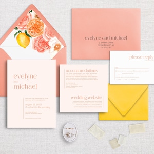 EVELYNE - Pink & Lemon Semi-Custom-Hochzeitseinladungspaket | Schreibwaren | Blumen | Obst | Blüten | Minimalistisch | Fett | Hell