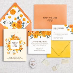 MINDY - Orange Floral Semi-Custom Wedding Invitation Suite | Stationery | Orange | Floral | Tropical | Blossoms | Citrus | Bold | Bright