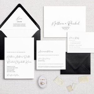 RACHEL - Timeless and Classic Semi-Custom Wedding Invitation Suite | Stationery | Black & White | Elegant | Classy | Simple | Script Font