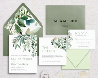 DESTINY - Eucalyptus Corner Semi-Custom Wedding Invitation Suite | Stationery | Greenery | Leaves | Watercolor