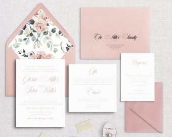 GLORIA - Elegant and Classy Semi-Custom Wedding Invitation Suite | Stationery | Gray/Grey | Timeless | Simple | Script Font | Pink | Blush