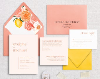 EVELYNE - Pink & Lemon Semi-Custom Wedding Invitation Suite | Stationery | Floral | Fruit | Blossoms | Minimalist | Bold | Bright