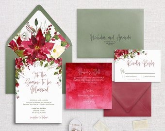 AMANDA - Holiday Floral Semi-Custom Wedding Invitation Suite | Stationery | Christmas | Winter | Poinsettia | Floral | Holly