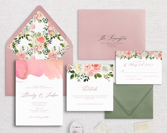 BRINLEY - Ensemble de faire-part de mariage semi-personnalisé à fleurs roses | Papeterie | Aquarelle | Fleurs | Chic | Jardin | Fleurs