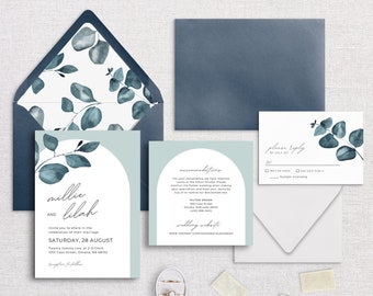 MILLIE - Eucalyptus Arch Semi-Custom Wedding Invitation Suite | Stationery | Greenery | Leaves | Watercolor | Teal | Aqua