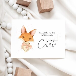 Kleine rosa Fuchs Grußkarte | Benutzerdefinierte Karte | Personalisiert | Willkommens-Baby-Karte | Willkommen in der Welt | Baby-Dusche-Karte