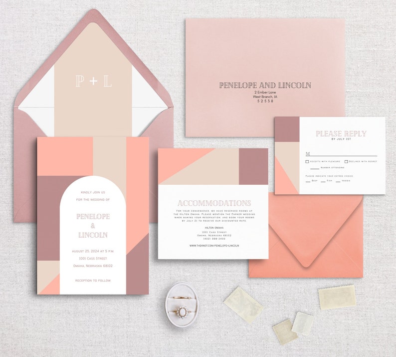 PENELOPE Geometric Colorblock Semi-Custom Wedding Invitation Suite Stationery Modern Pastel Geometric Pink Mauve Blush image 1