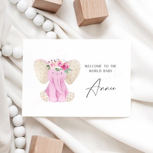 Baby Rosa Elefant Grußkarte | Benutzerdefinierte Karte | Personalisiert | Willkommens-Baby-Karte | Willkommen in der Welt | Baby-Dusche-Karte