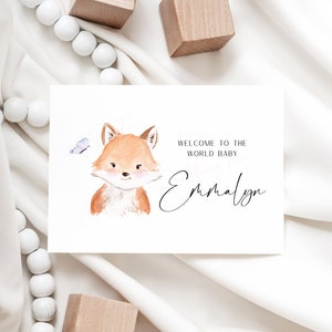 Baby Fuchs und Schmetterlinge Grußkarte | Benutzerdefinierte Karte | Personalisiert | Willkommens-Baby-Karte | Willkommen in der Welt | Baby-Dusche-Karte