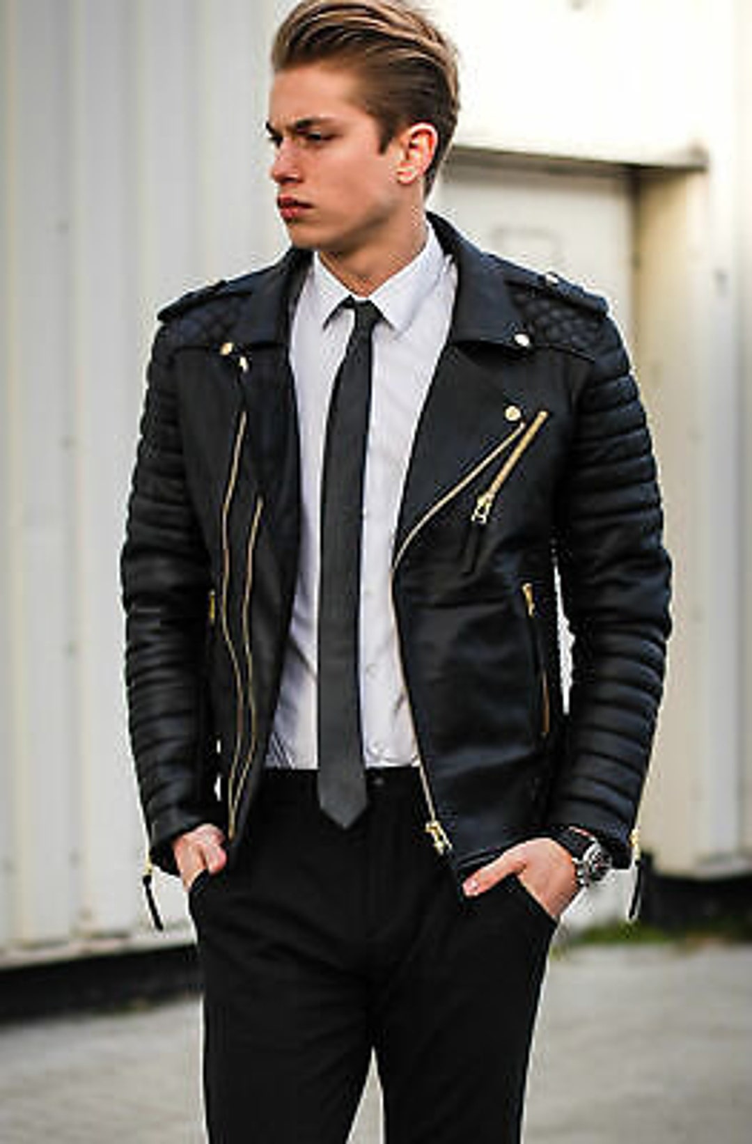 Mens Slim Fit Black Biker Bomber Quilted Real Lambskin Leather - Etsy