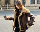 Women 39 s B3 Bomber Shearling Jacket Double Collar Fur Jacket RAF Aviator Shearling Brown Vintage Flight Pilot Winter Real Fur Leather Jacket