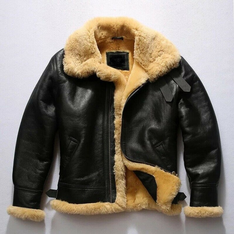 Handmade - Mens B3 Bomber Raf Aviator Shearling Flight Genuine Sheepskin Black Original Sherpa Fur Shearling Leather Jacket