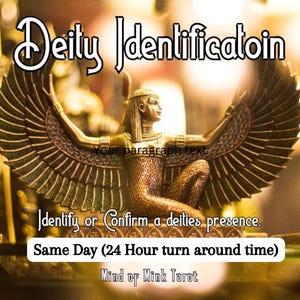 Peut inclure: Une statue dorée d'une divinité aux ailes déployées, avec le texte "Deity Identification" en haut. L'image comprend également le texte "Identify or Confirm a deities presence."