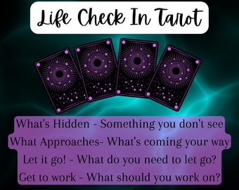 May include: An image of four tarot cards with a black background and a purple design. The text "Life Check In Tarot" is at the top. Below the cards is a purple box with text: "What's Hidden - Something you don't see..."