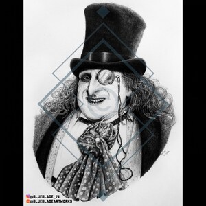May include: A black and white pencil drawing of the Penguin from Batman. He is wearing a top hat, a monocle, and a white scarf with black polka dots. The drawing is signed and dated.