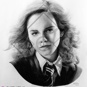 May include: Black and white pencil drawing of a woman with long, wavy hair. She is wearing a dark collared shirt with a striped tie. The drawing is signed "Robert J. Stevenson 01/04/19".