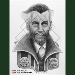May include: A black and white pencil drawing of a man with a beard and mustache. He is wearing a dark suit with a high collar and a chain around his neck. The drawing is signed "Blueblade_14" and "BluebladeArtworks".