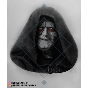 May include: A black and white pencil drawing of Darth Sidious, a character from the Star Wars franchise. He is wearing a black hooded robe and has a stern expression on his face. His eyes are red and glowing.