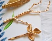 Unique Natural Style Gold Hairpins, Various Size Metal, Leaf Branch Feather