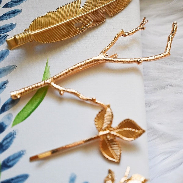 Unique Natural Style Gold Hairpins, Various Size Metal, Leaf Branch Feather