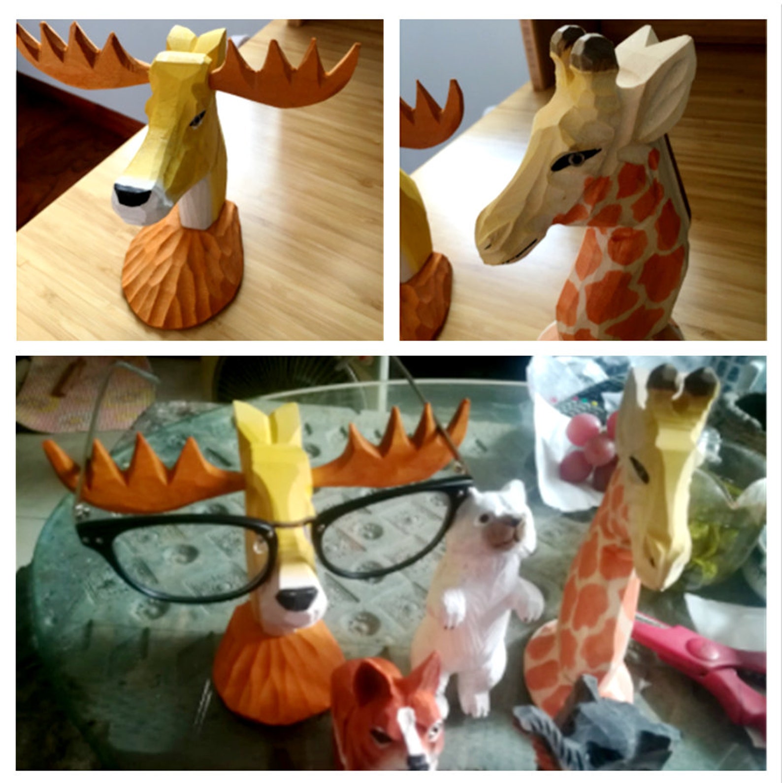 Wooden Animal Ornaments Glasses Holder Stand Hand Carved Etsy