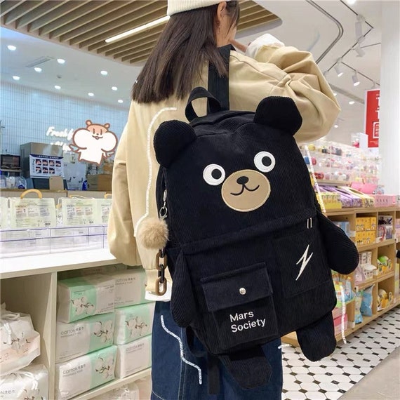 Cute Backpack with Plush Pendant Pin and Accessories Backpack,Cute  Aesthetic Casual School Supplies College Work Bookbag. (Black)