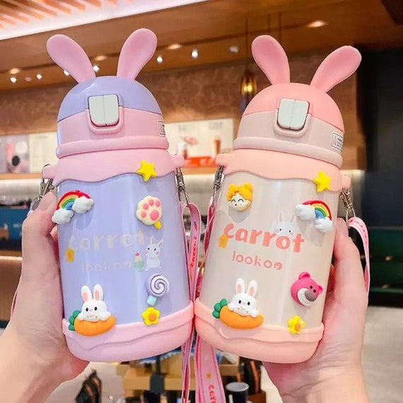 500ml Cute Thermal Water Bottle With Straw Thermal Mug Rabbit Ear Thermos  Kids Gift Stainless Steel Thermo Cup Drinkware 