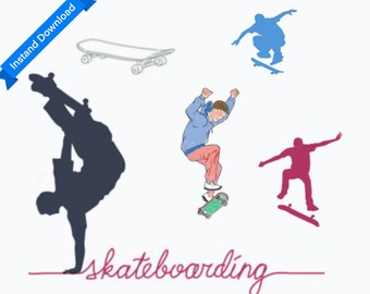 18 Skater stamps and line drawings