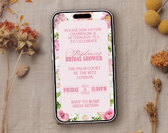 DIGITAL: Vintage Tea Party Bridal Shower Invitation • Personalised Baby Shower Invitation • Hen Party • Pink Rose Flower Invitation