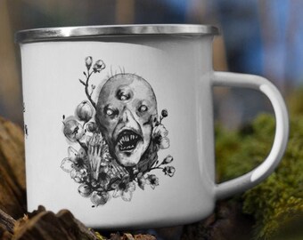 Horror mug cute monster Black and white enamel mug Creepy flowers occult mug Outdoor coffee Halloween mug 12oz Enamel Mystical mug