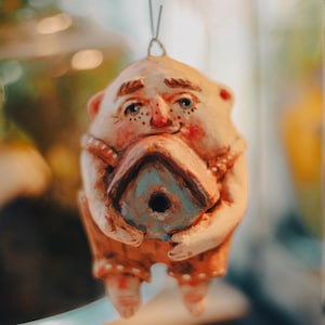 Birds House Man. Cute Paper Mache Ornament