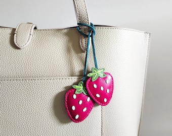 Strawberry handbag charm, Fruit lover gift, Kawaii fruit charm, Pink leather handbag décor, Fruit keychain, Summer keychain