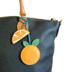 Orange leather handbag charm, Farmers market, Kawaii keychain, Statement handbag decor, Car charm