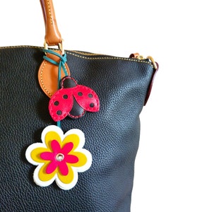 Flower bag charm, Lady bug, Cute bag charm, Leather purse charm, Miraculous ladybug, Leather keychains, Lucky ladybug, Fun keychain,