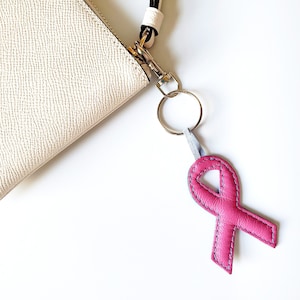 Awareness ribbon keychain, Leather purse charm, Handmade leather keychain, Support ribbon gift, Pink Ribbon keychain, Blue awareness ribbon