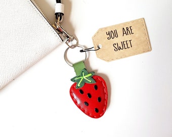Strawberry gifts, Fun keychain, Strawberry Kawaii fruit handbag charm, Valentines keychains for her, Leather purse charm, Personalized gift
