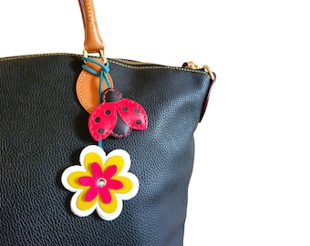 Flower bag charm, Lady bug, Cute bag charm, Leather purse charm, Miraculous ladybug, Leather keychains, Lucky ladybug, Fun keychain,