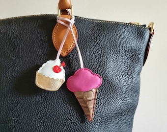 Ice cream Cupcake bag charm, Leather purse charm, Kawaii ice cream, Summer keychain, Kawaii bag charm, Ice cream party, Novelty gifts