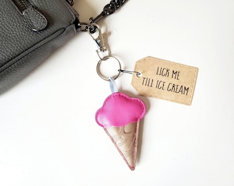 Ice cream fun keychain, Leather purse charm, Kawaii ice cream, Valentine keychain bag charm, Leather keychain, Ice cream party.