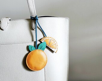 Orange leather handbag charm, Farmers market, Kawaii keychain, Statement handbag decor, Car charm