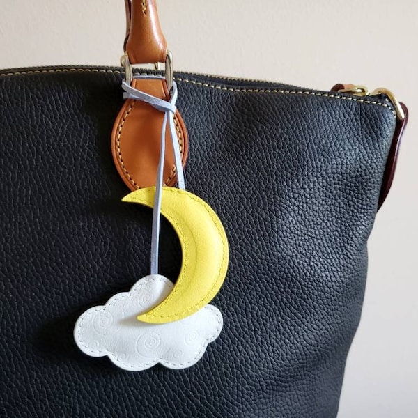 Leather bag charm, Cloud & Moon handbag charm, Crescent moon bag charm, Leather purse charm, Leather handbag decor, Cute bag accessories