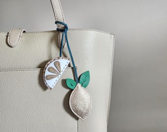 Gold Lemon bag charm, Leather handbag decor, Handmade Unique purse charm, Kawaii keychain, Lemon wall decor, Fruit purse charm