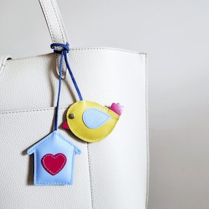 Leather Bird bag charm, Bird Nerd, Springtime gift, Handmade purse charm, Unique Bag Charm, Nature lover, Birdhouse charm