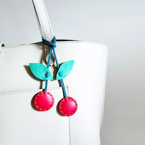 Cherry purse charm Kawaii fruit handbag charm Fruit lover gift Green and Red leather handbag décor