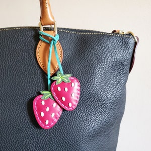 Strawberry handbag charm, Fruit lover gift, Kawaii fruit charm, Pink leather handbag décor, Fruit keychain, Summer keychain